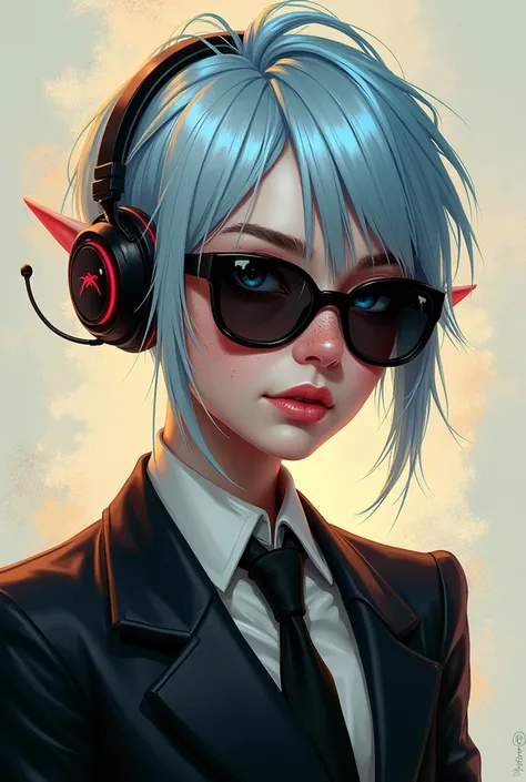 ((Best Quality)), ((masterpiece)), (detailed), (original), (realist), a young woman with vibrant silver hair, blue hair tips, with a slightly messy style, pixie cut, His striking light blue eyes., and has light freckles scattered across her face. Elf&#39;s...