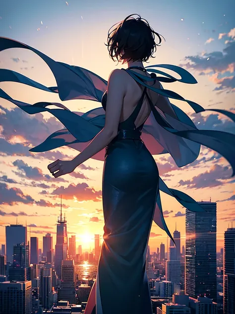 a rear view illustration of a woman (facing the view), short hair, cosplay, costume, top of a skyscraper, skyline, sunset, scenic, dynamic artwork, illustration , silhouette art