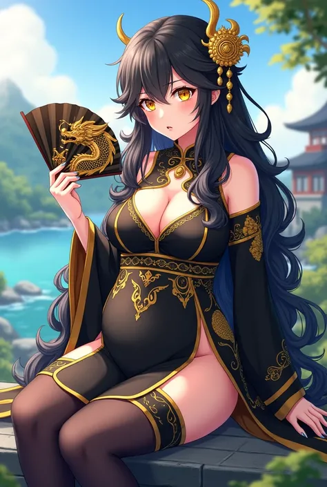 a female character stylized in an anime art style. She has long curly black hair , bright golden eyes, and is dressed in an elegant outfit, predominantly black with gold details, which appears to be inspired by a traditional Asian garment. The dress featur...