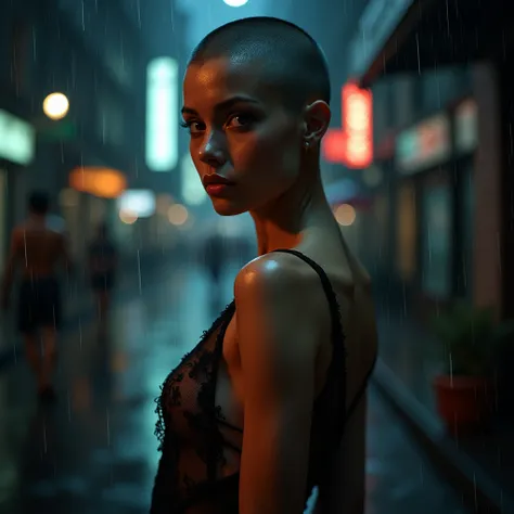 Beautiful woman with short shaved head in lacy nightdress standing in rainy street, highly detailed portrait, photorealistic, 8k, high quality, dramatic lighting, moody atmosphere, cinematic composition, wet skin, wet clothes, (best quality, 4k, 8k, high r...