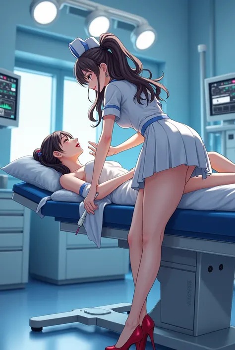 Anime nurse in latex suit operates a girl with a catheter 
