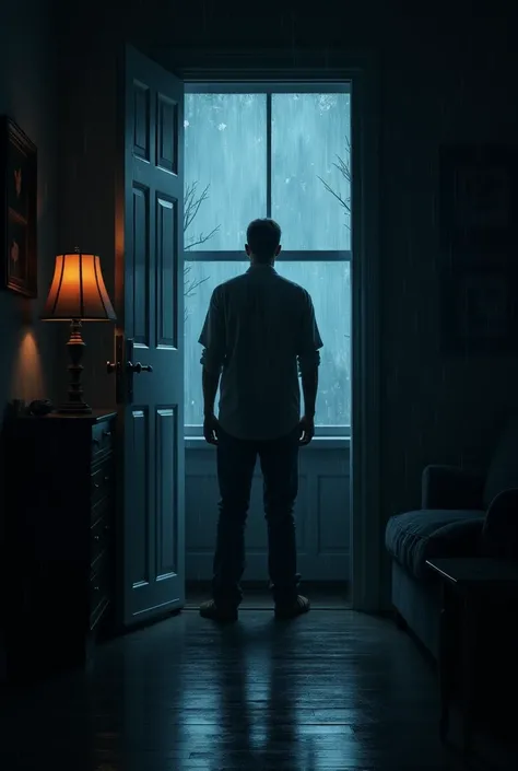 Generate a scene in a dark room with chiaroscuro lighting. A man stands nervously in the middle of the room, illuminated by faint light from a storm outside. His face shows concern as he hears a knock at the door. The window shows rain pouring and lightnin...