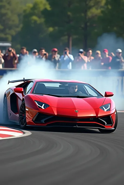 A boy drifts a car Lamborghini Aventador and the drift colour is red in the race track and other people click picture the drift 