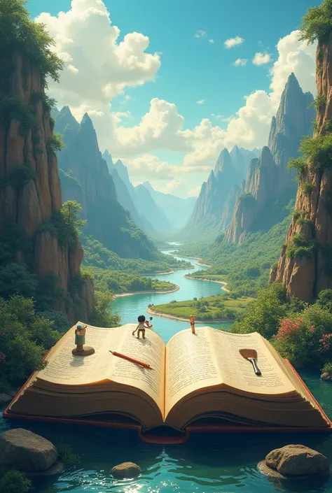 A giant open book, with pages turning into mountains, rivers and paths full of discoveries. Learning objects, as pencils, Brushes, magnifying glasses and telescopes, come out of the pages, showing that each book is a gateway to new worlds.