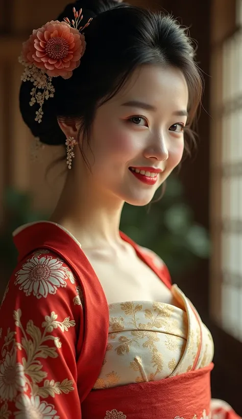 A beautiful Japanese woman wearing a traditional kimono, detailed intricate kimono, her upper body shown, soft warm smile, charming and warm expression, voluptuous bosom, photorealistic, high quality, detailed, cinematic lighting, warm color palette, chiar...