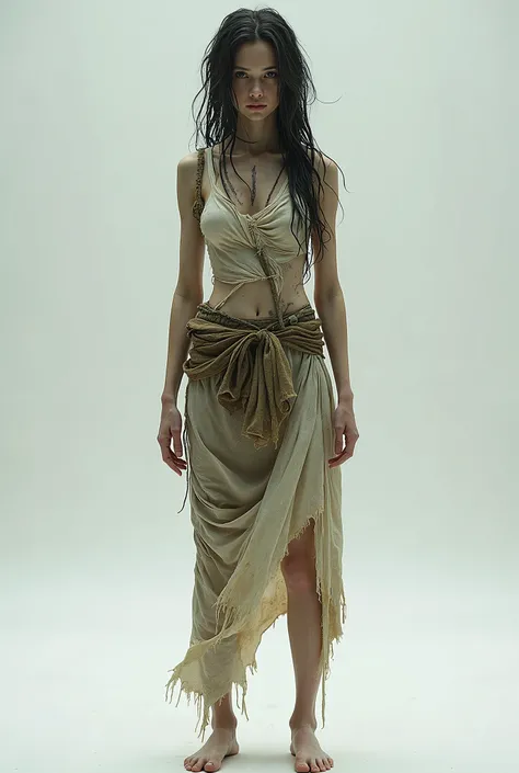 A female sci-fi zombie in a full body pose facing forward looking at the camera, front view, flatfoot, threadbare and torn futuristic clothes, bare feet, small hands, small feet.