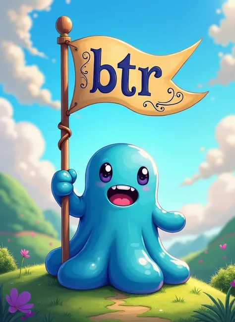 A Dragon Quest slime holding a flag with &quot;BTR&quot; written on it
