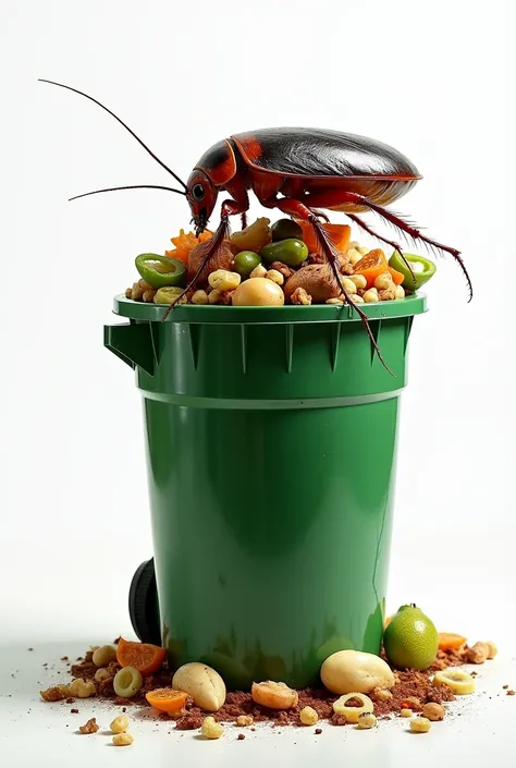 A picture of a green trash can with a lot of food scraps in the trash can. A very large cockroach is clearly visible on the food scraps. The background of the picture is white.