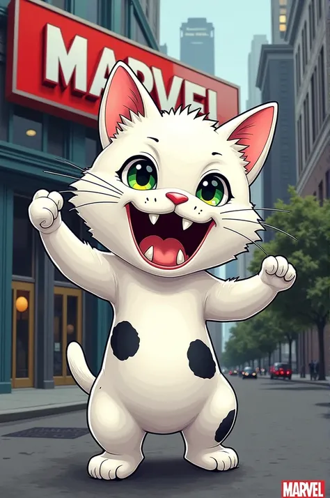 Make a written panel "congratulations on your castration" with a white kitten with green eyes and black spots on its body, very happy in the Marvel HQ panel