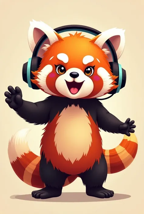 I want to make a mascot for a musical performance, you can make me a red panda animation mascot listening to music using headphones (standing position) (no background) (full body) (2 Dimention) (With an expression)