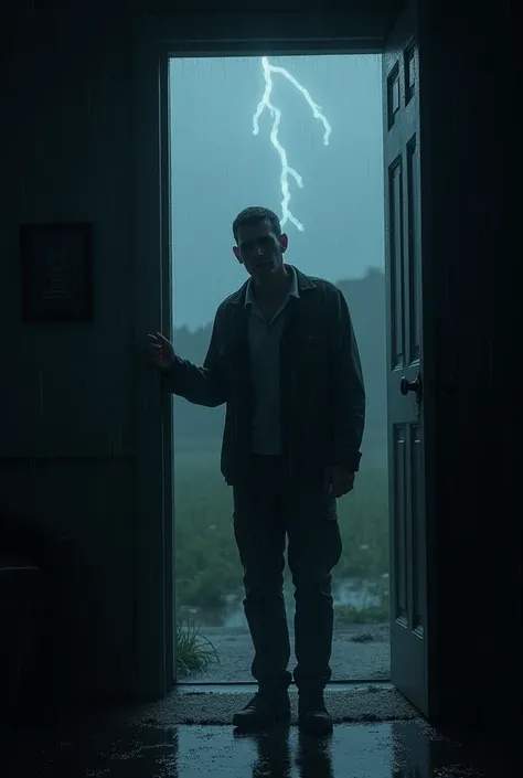  create an image of a man opening a door in a dark, stormy night. The doorway is empty, with rain pouring outside, and the distant flash of lightning illuminating the surroundings. The man’s expression is one of fear and confusion. The dim lighting in the ...