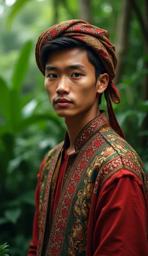 20 year old Indonesian man,wearing traditional Javanese clothes. Wearing a blangkon. Green background.