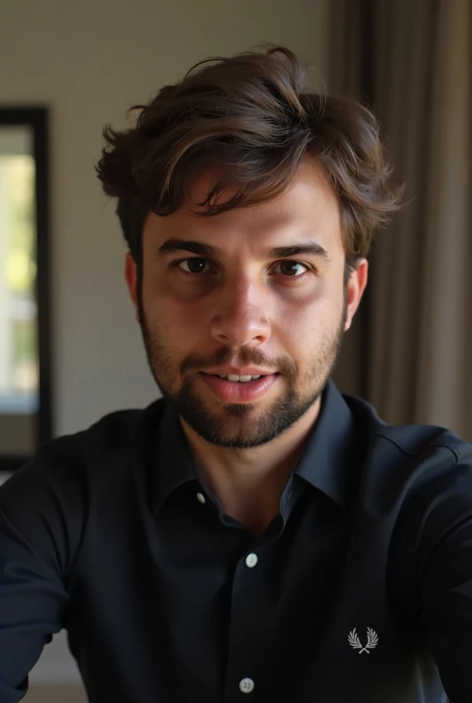 Ultra realistic photorealistic man dark brown hair brown eyes wearing a black dress shirt Fred Perry first person selfie sorrindo  in living room 16k super detailed 