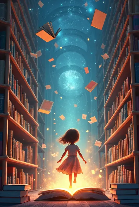 children&#39;s book cover A Magical Library, where books shine on the shelves and fly like birds. Some shelves could be made of giant pencils and the windows could be mathematical formulas and works of art floating in the air..