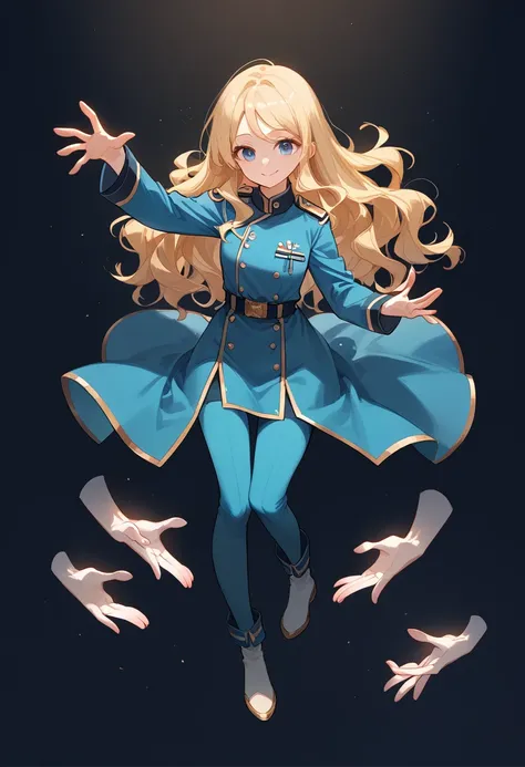 1girl, Full body, Description Girls, detail hands, Detail fingers, Detail Face, cute face, detail legs, overdetailed art, Fine details, blonde hair, wavy hair, long hair, blue eyes, smile, blue military uniform, runnning, run away from hands, many hands, s...