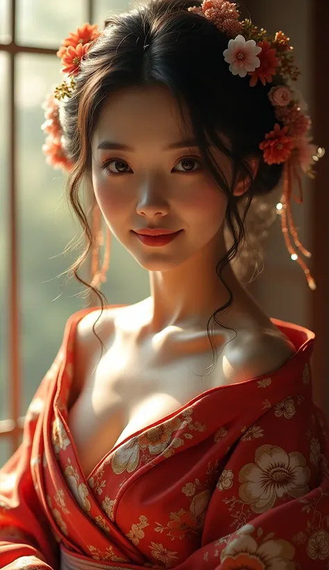 beautiful detailed Japanese woman, intricate detailed traditional kimono, upper body portrait, soft warm smile, charming warm expression, voluptuous bosom, photorealistic, high quality, detailed, cinematic lighting, warm color palette, chiaroscuro lighting...