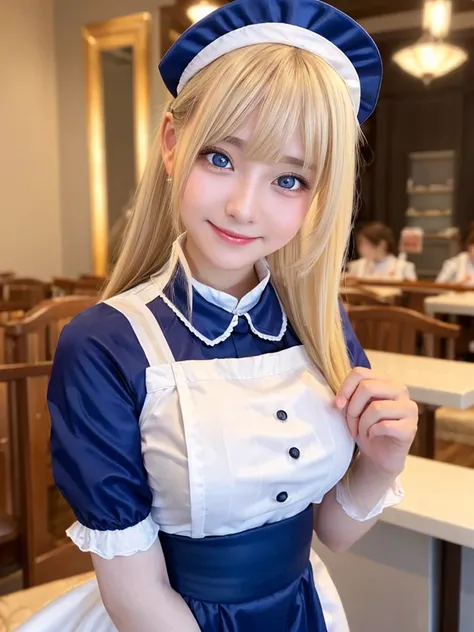 20-year-old、Portraiture、(Maid cafe clerk costume:1.5)、Bright smile、Detailed face、ponytail、Bright white skin、Best Looks、Blonde reflection、Platinum blonde hair with dazzling highlights、Bright shiny hair、Super long silky straight hair、Beautiful shiny bangs、De...