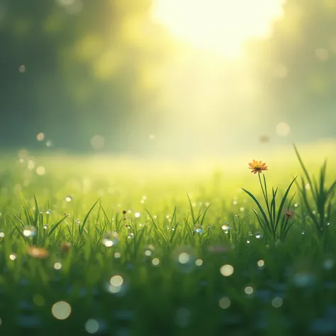 (Pokémon), On a peaceful morning in the world of Pokémon, the sunlight penetrated through the mist and shone on the endless grassland. The foreground of the picture is a meadow dotted with dewdrops, with a few small flowers swaying in the wind. There is no...