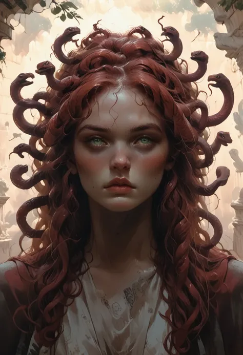 artwork of medusa, greek mythical creature, hair are snacks