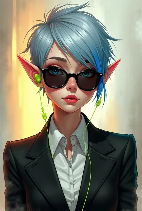 ((Best Quality)), ((masterpiece)), (detailed), (original), (realist), a young woman with vibrant silver hair, blue hair tips, with a slightly messy style, pixie cut, His striking light blue eyes., and has light freckles scattered across her face. Elf&#39;s...