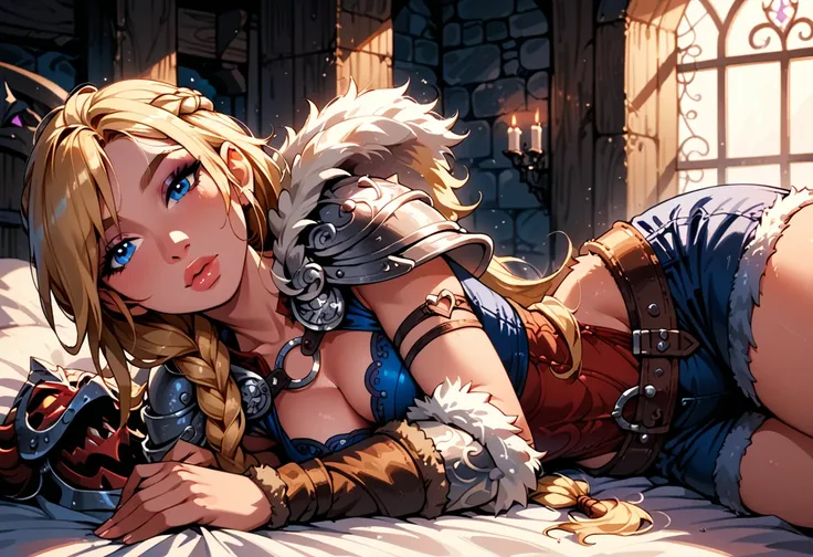 Dark Fantasy Art of score_9, score_8_up, score_7_up, rating_explicit, fantasy, lighting, epiCPhoto 1girl, solo, very sexy (ASTRIDHOFFERSON, blonde hair, braid, Long hair, blue eyes, fur trim, shoulder armor, armor, pauldron:1.2), cleavage, flirt, gaze, sex...