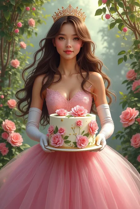 realistic drawing, an extremely beautiful woman, of Brown hair, eyes the color of honey, small nose, full lips, Feminine and soft features, dressed in a long pink floral tutu dress and long white gloves, holding a big cake, with a birthday crown, backgroun...