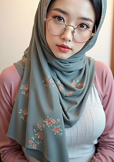 1girl, masterpiece, high quality, hijab, eye glasses, big breasts, beautiful detailed eyes, beautiful detailed lips, extremely detailed face, elegant, graceful pose, delicate features, intricate patterns on hijab, cinematic lighting, warm color tones, phot...