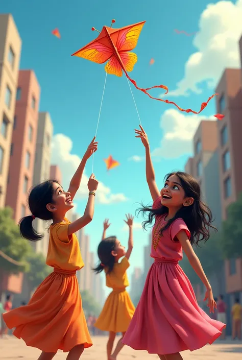 Young indian girls are playing with the kites. There are many buildings in the back.  Butterfly shaped kite.  
Photorealistic. Real woman . Real human . No cartoon. 
