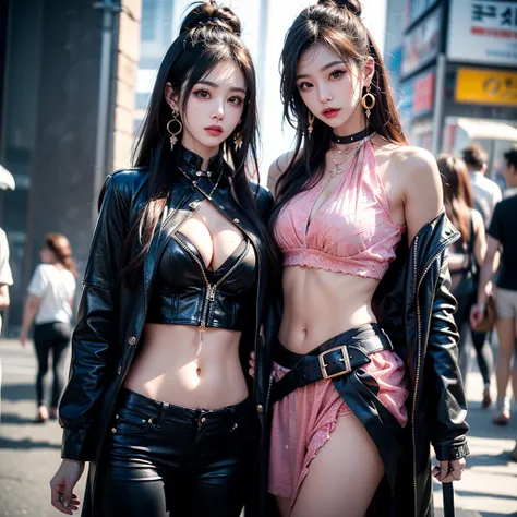 Three Hot Korean guys, Kpop idol, ultrarealistic, professional photo, album cover, makeup, HD, idol, detailed face, high quality, defined face, posing, dramatic lighting, album art, photoshopped, cool effects, earrings, different cute kpop outfit, posing t...