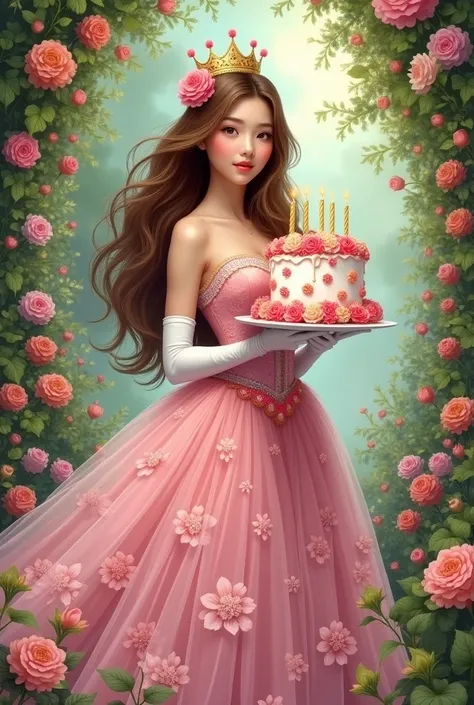 realistic drawing, an extremely beautiful woman, of Brown hair, eyes the color of honey, small nose, full lips, Feminine and soft features, dressed in a long pink floral tutu dress and long white gloves, holding a big cake, with a birthday crown, backgroun...