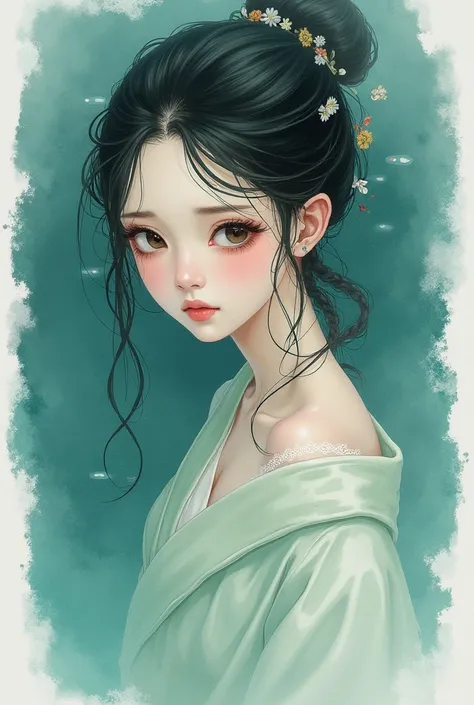 A beautiful woman dressed as an oiran, submerged in water with a sad expression on her face. Her entire face is visible, and the composition focuses on her delicate features. The artwork is done in a watercolor style, using soft brushstrokes and translucen...