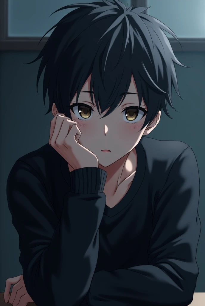 An anime boy with a school background, He has black hair and is resting his face on his right hand with a black sweatshirt and a penetrating gaze looking slightly downwards and striking eyes