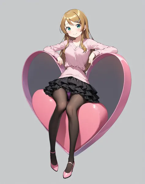 (masterpiece)、(Highest quality)、(High resolution)、(Very detailed)、(so beautiful:0.9)、(very cute:0.9)、(Brighten your face:0.3)、
Kirino Takasaka、
Long straight blonde hair、bangs、Hair Clip、
smile、Shyness、
Beautiful breasts、Round Breasts、round face、

Perfect Anatomy、Two perfect slim legs、Two perfect arms、Five perfect fingers、Big green eyes、(slender)、Tight waist、
Delicate and smooth skin、Beautiful Skin、Textured skin、Pink lipstick、
alone、whole body、

(A pink V-neck sweater that reveals the chest), (Layered black ruffle skirt)、
Black Stockings、Pink pumps、
casual、
Pink underwear、
Showing off、 

Sitting on a big heart-shaped chair、Legs slightly apart、

(独奏:1.5), 
(Full Body Shot:1.5), 
(from the front), 
(MediumWhite background:1.5), 