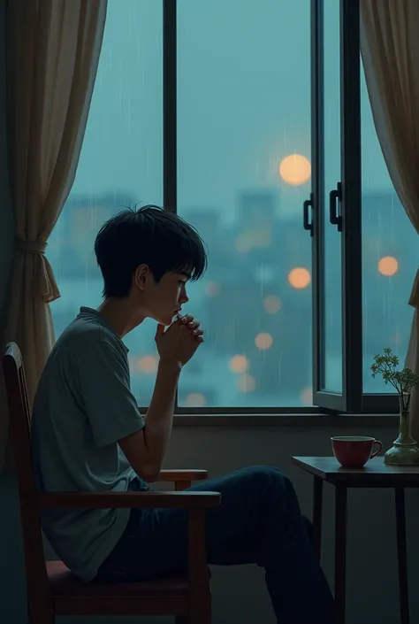 Asian sad Teen boy looking out of window sitting on a chair