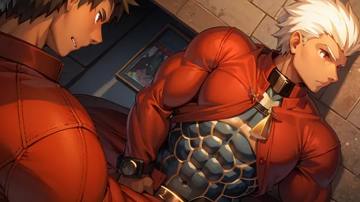 ((red jacket)),huge muscles,huge erect penis,emiya_shiro,dark skin,being raped,glowing skin,glowing skin