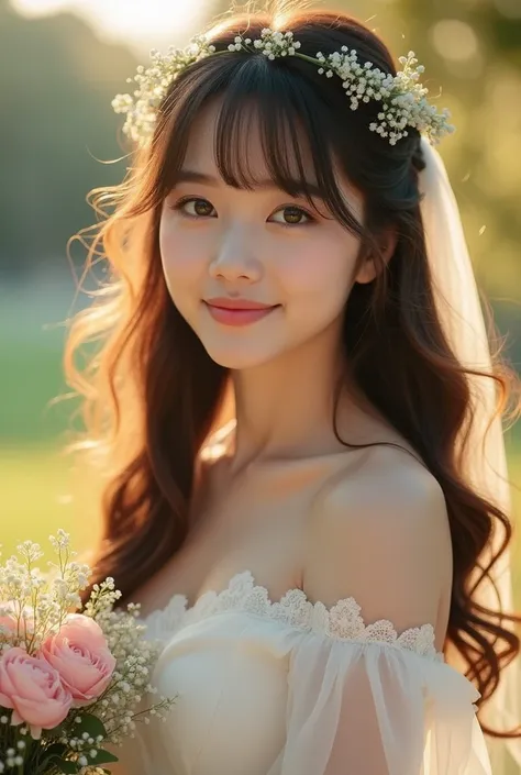 Best Quality, Masterpiece, Beautiful young woman with wavy long hair, Hairstyle with bangs, Wedding dress, ((Age20)), see-through, Round face, Glowing lip gloss, Droopy eyes, A clear double, Light reflects in the eyes, Natural makeup, Sunlight filtering th...