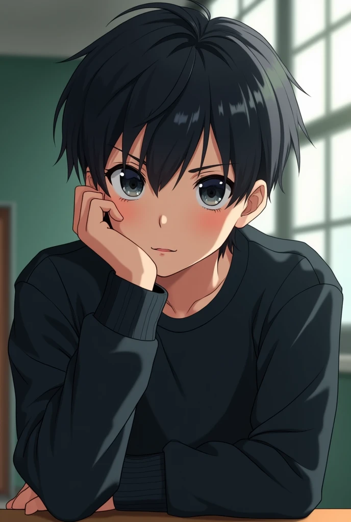 An anime boy with a school background, He has black hair and is resting his face on his right hand with a black sweatshirt and a penetrating gaze looking slightly downwards and striking eyes of a true sigma