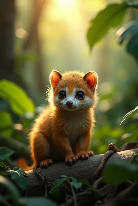 detailed miniature wildlife photography,1 small furry animal,detailed fur textures,lush tropical rainforest background,warm golden hour lighting,photorealistic,8k,highly detailed,masterpiece,professional wildlife photography