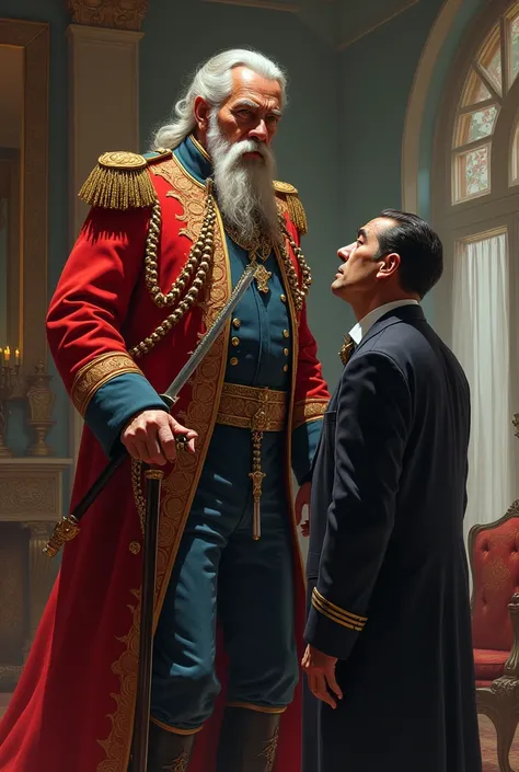 Middle-aged and elderly warlord,With a gray mustache,Wearing red and blue ornate military uniforms,Sword hanging on the waist,Hand holding luxury cane,Standing in the villa,scold loudly,The butler on the side,He lowered his head and bowed in panic.