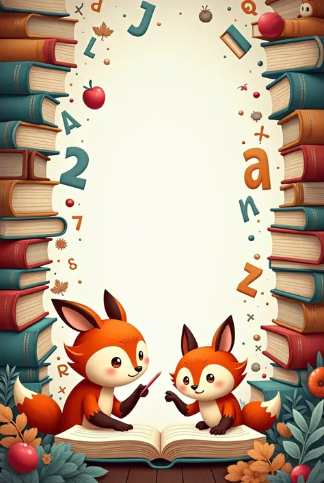 Make a book cover that has animals learning in the middle of books, letters and numbers

