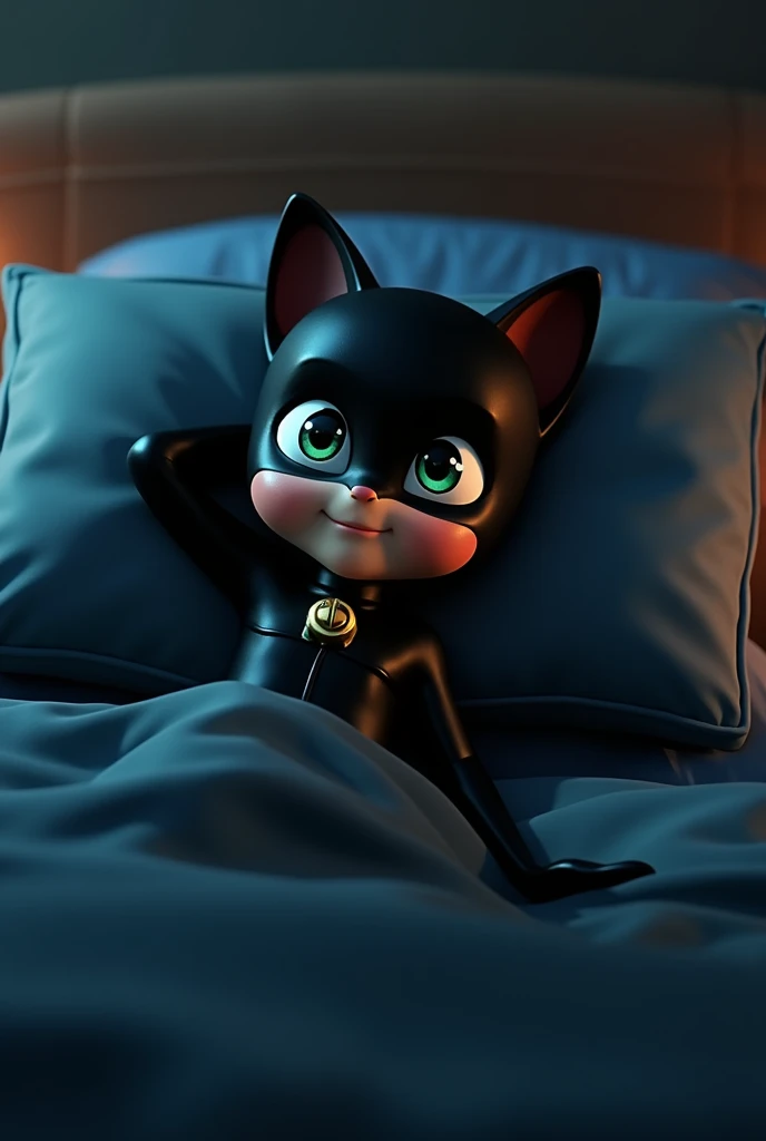 Miraculous ladybug series, cat noir laying in bed looking in camera, boy in black suit 3d