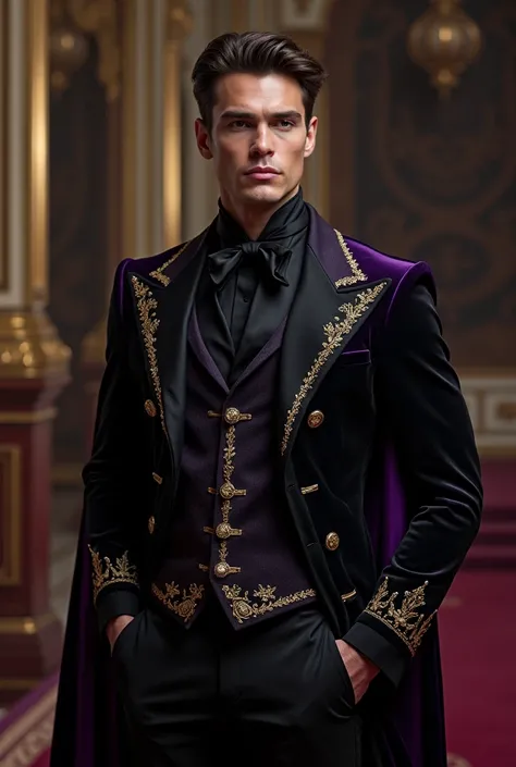 Create a beautiful prince wear a black and purple luxurious clothes