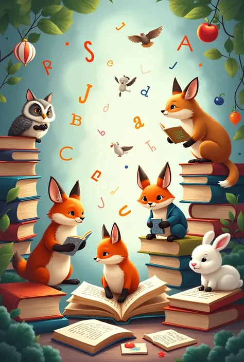 Make a book cover that has animals learning in the middle of books, letters and numbers

