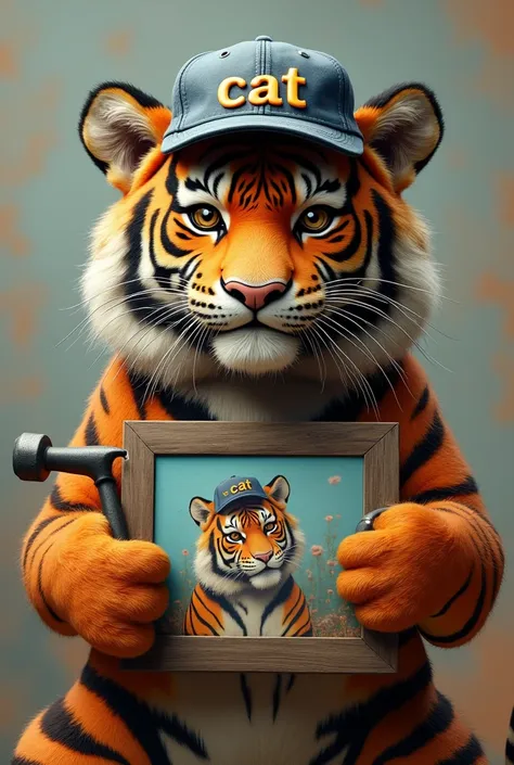 Strong Tiger with a hat writed "CAT". The tigers must be handing a Painting  Car Tool 