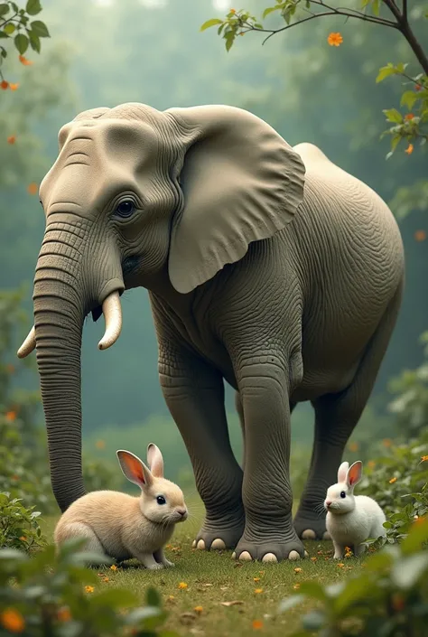 Elephants and rabbits live together, hunt together, and eat the same food: grass and leaves.
