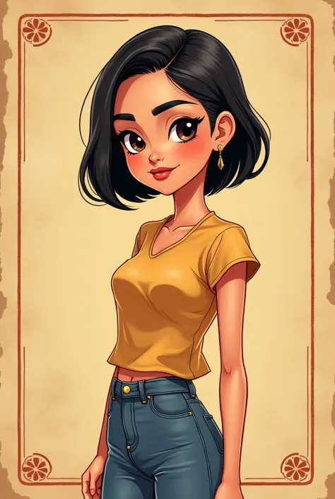 make a female cartoon illustration 
(the photo must be like duel cards)
(background is in Manila, Philippines)
(the outfit should be decent and not revealing)

- BOB CUT HAIR
- 34-25-35 BODY SHAPE
- 54" HEIGHT
- HEART-SHAPED FACE
- SHAVED EYEBROWS
- SMALL ...