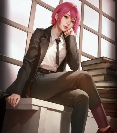 1 Girl, Makima, pink hair, white shirt, black pants, brown shoes, ultra hd details 