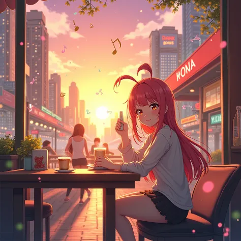 (photorealism:1.2), Create an anime-style album cover of a vibrant city at sunrise. The focus is a cheerful character at a café, surrounded by musical notes and light sparkles. Friends are seen in the background, enjoying the day