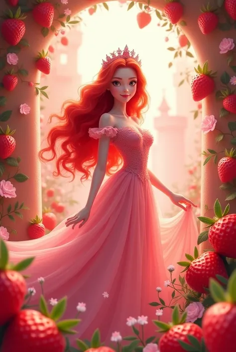 Beautiful landing for cosmetic online shop, Princess Strawberry, this is strawberry heaven, strawberry dress, in strawberry castle, vibrant atmosphere, strawberry tiara, red hair, website, deigns, ux/ ui, ux, ui —ar 3:2 —q 2 — v 4