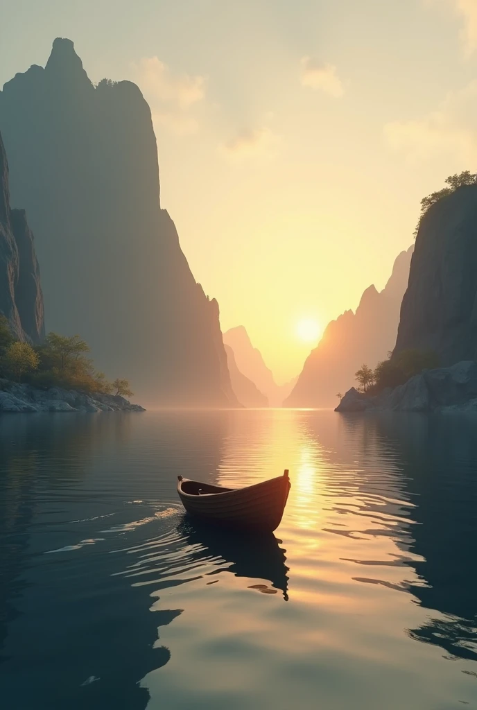 A serene scene of a boat floating in the sea, with towering rocks and mountains in the background. The sun is setting on the horizon, casting a warm golden glow across the water. The peaceful atmosphere is emphasized by the calm waves and soft colors of th...